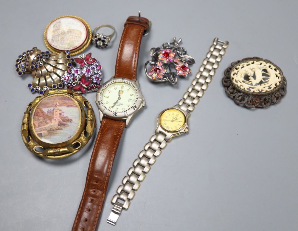 Mixed costume jewellery and watches including a micro mosaic brooch(a.f.).